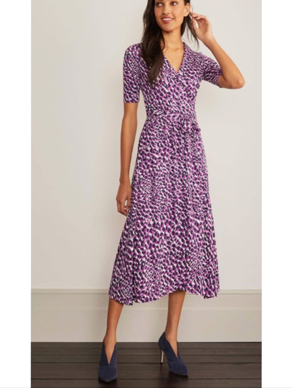 Boden Lavinia Jersey Wrap Dress In Purple Black Dot